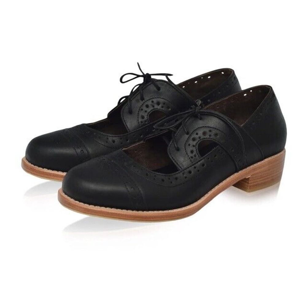 Black Leather Lace-Up Oxfords for Women